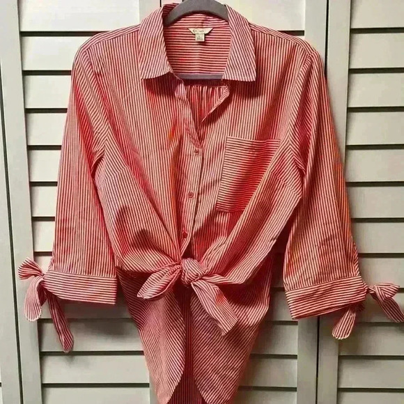 Cato Striped Button Down Tie Sleeve Top Size Large Coral & White - Picture 5 of 5